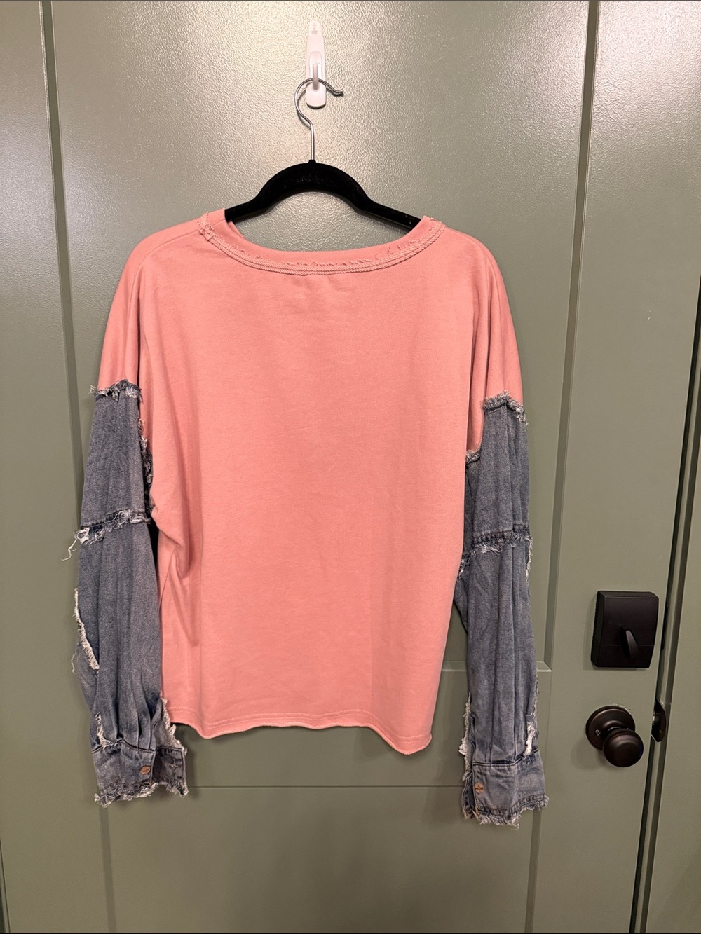 easel Pink Knit Top with Distressed Denim Sleeves - Picture 3 of 8